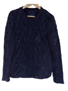 Sperry Men's Sweater Crewneck Cable Knit Anchor Textured Blue Large Nautical